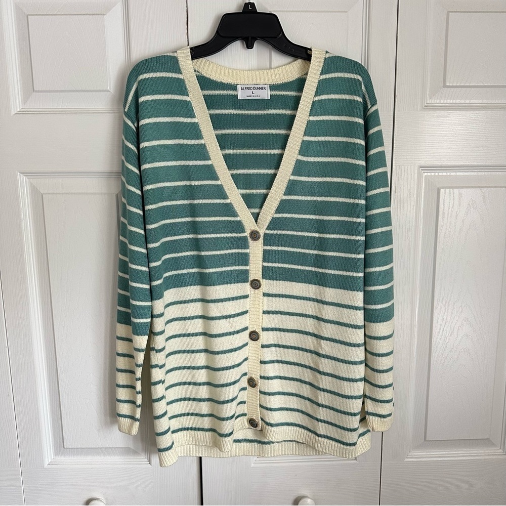 Vintage Alfred Dunner Sweater Womens Large Green Striped Cardigan Made USA 90s